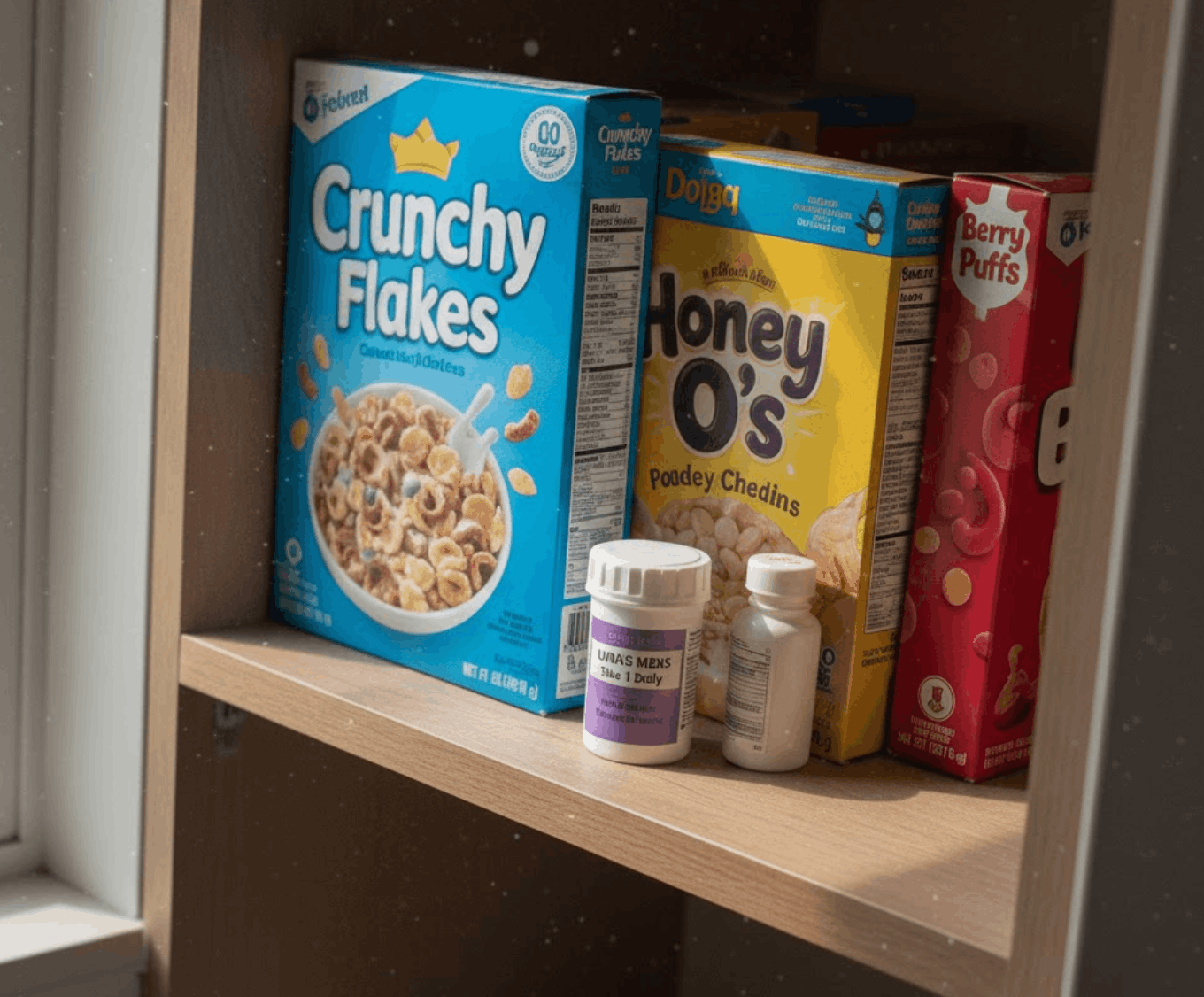 Pills on bottom shelf behind cereal